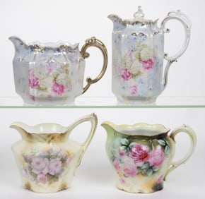 R.S. PRUSSIA PORCELAIN FLORAL MOTIF DRINKING ARTICLES, LOT OF FOUR