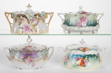 R.S. PRUSSIA PORCELAIN FLORAL MOTIF CRACKER JARS, LOT OF FOUR