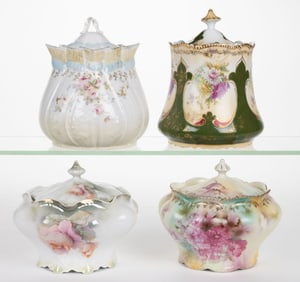 R.S. PRUSSIA / GERMANY PORCELAIN FLORAL MOTIF BISCUIT JARS, LOT OF FOUR