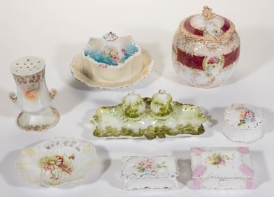 ASSORTED R.S. PRUSSIA PORCELAIN FLORAL MOTIF ARTICLES, LOT OF EIGHT