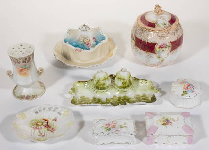 ASSORTED R.S. PRUSSIA PORCELAIN FLORAL MOTIF ARTICLES, LOT OF EIGHT: ASSORTED R.S. PRUSSIA PORCELAIN FLORAL MOTIF ARTICLES, LOT OF EIGHT, comprising a satin finish pedestalled muffineer with curled handles and rose motif, a RS Steeple Mold 26 covered butter dish, a Mol