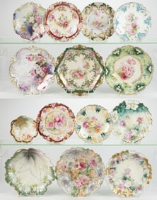 R.S. PRUSSIA PORCELAIN FLORAL MOTIF PLATES, LOT OF 14