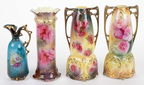 R.S. PRUSSIA AND OTHER PORCELAIN FLORAL MOTIF VASES AND OTHER ARTICLES, LOT OF FOUR