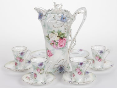 R.S. PRUSSIA PORCELAIN FLORAL MOTIF 11-PIECE PARTIAL CHOCOLATE SET