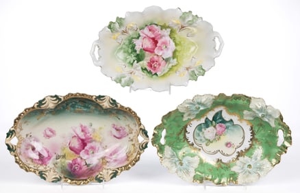 R.S. PRUSSIA PORCELAIN FLORAL MOTIF BUN TRAYS, LOT OF THREE
