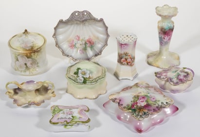 ASSORTED R.S. PRUSSIA PORCELAIN FLORAL MOTIF ARTICLES, LOT OF NINE