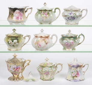 R.S. PRUSSIA / GERMANY PORCELAIN FLORAL MOTIF MUSTARD POTS, LOT OF NINE