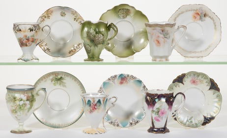 R.S. PRUSSIA PORCELAIN FLORAL MOTIF CHOCOLATE CUP AND SAUCER SETS, LOT OF SIX