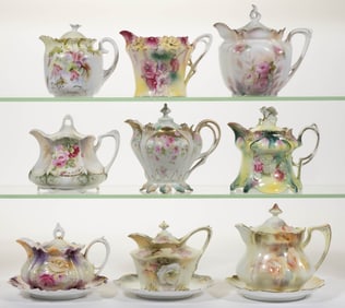 R.S. PRUSSIA PORCELAIN FLORAL MOTIF SYRUPS AND OTHER RELATED ARTICLES, LOT OF 12