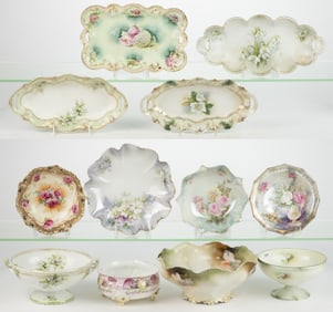 R.S. PRUSSIA PORCELAIN FLORAL MOTIF TABLE ARTICLES, LOT OF 12