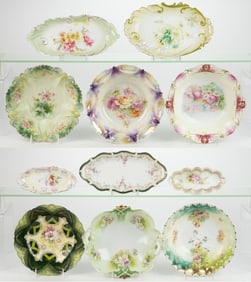 R.S. PRUSSIA PORCELAIN FLORAL MOTIF TABLE ARTICLES, LOT OF 11