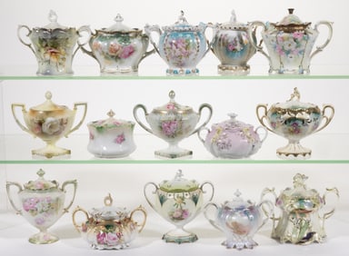 R.S. PRUSSIA PORCELAIN FLORAL MOTIF SUGAR BOWLS, LOT OF 15
