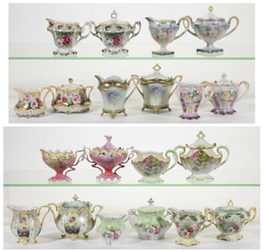 R.S. PRUSSIA / GERMANY PORCELAIN FLORAL MOTIF CREAMER AND SUGAR BOWL SETS, LOT OF TEN