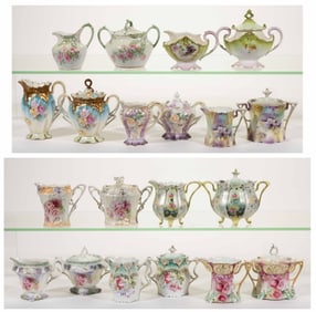 R.S. PRUSSIA / GERMANY PORCELAIN FLORAL MOTIF CREAMER AND SUGAR BOWL SETS, LOT OF TEN