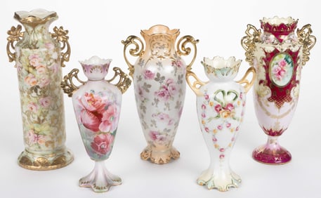 R.S. PRUSSIA AND OTHER PORCELAIN FLORAL MOTIF VASES, LOT OF FIVE