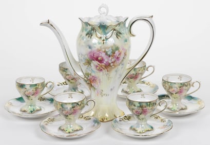 R.S. PRUSSIA PORCELAIN FLORAL MOTIF 13-PIECE TEA SET