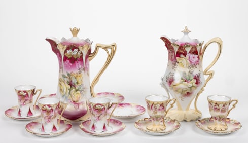 R.S. PRUSSIA PORCELAIN FLORAL MOTIF TWO PARTIAL CHOCOLATE SETS, LOT OF 15 PIECES