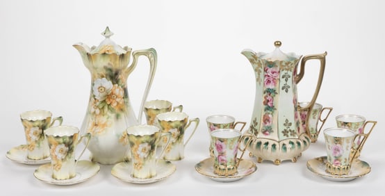 R.S. PRUSSIA PORCELAIN ROSE MOTIF TWO PARTIAL CHOCOLATE SETS, LOT OF 17 PIECES