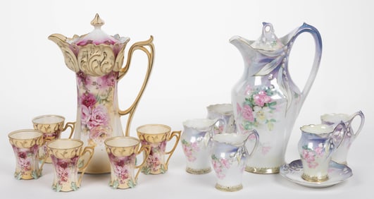 R.S. PRUSSIA PORCELAIN FLORAL MOTIF TWO PARTIAL CHOCOLATE SETS, LOT OF 13 PIECES