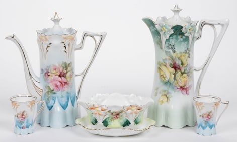 R.S. PRUSSIA PORCELAIN FLORAL MOTIF DRINKING AND OTHER ARTICLES, LOT OF FIVE