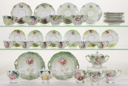 R.S. PRUSSIA PORCELAIN ROSE MOTIF CHILDREN'S TOY TEA ARTICLES, LOT OF 35 PIECES