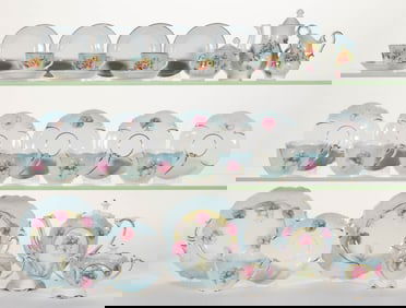 R.S. PRUSSIA PORCELAIN FLORAL MOTIF CHILDREN'S TOY TEA SETS, LOT OF 32 PIECES