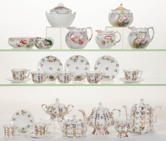 R.S. PRUSSIA PORCELAIN FLORAL MOTIF CHILDREN'S TOY TEA ARTICLES, LOT OF 26
