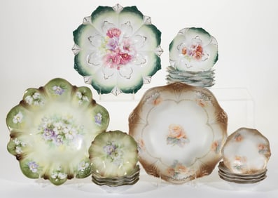 R.S. PRUSSIA PORCELAIN FLORAL MOTIF BERRY BOWL SETS, LOT OF THREE