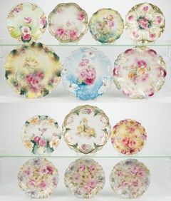R.S. PRUSSIA PORCELAIN FLORAL MOTIF PLATES, LOT OF 13