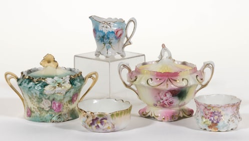 R.S. PRUSSIA PORCELAIN FLORAL MOTIF CHILDREN'S TOY TEA AND OTHER DIMINUTIVE ARTICLES, LOT OF FIVE