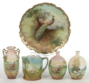 ROYAL BAYREUTH PORCELAIN TAPESTRY ANIMAL MOTIF ARTICLES, LOT OF FIVE