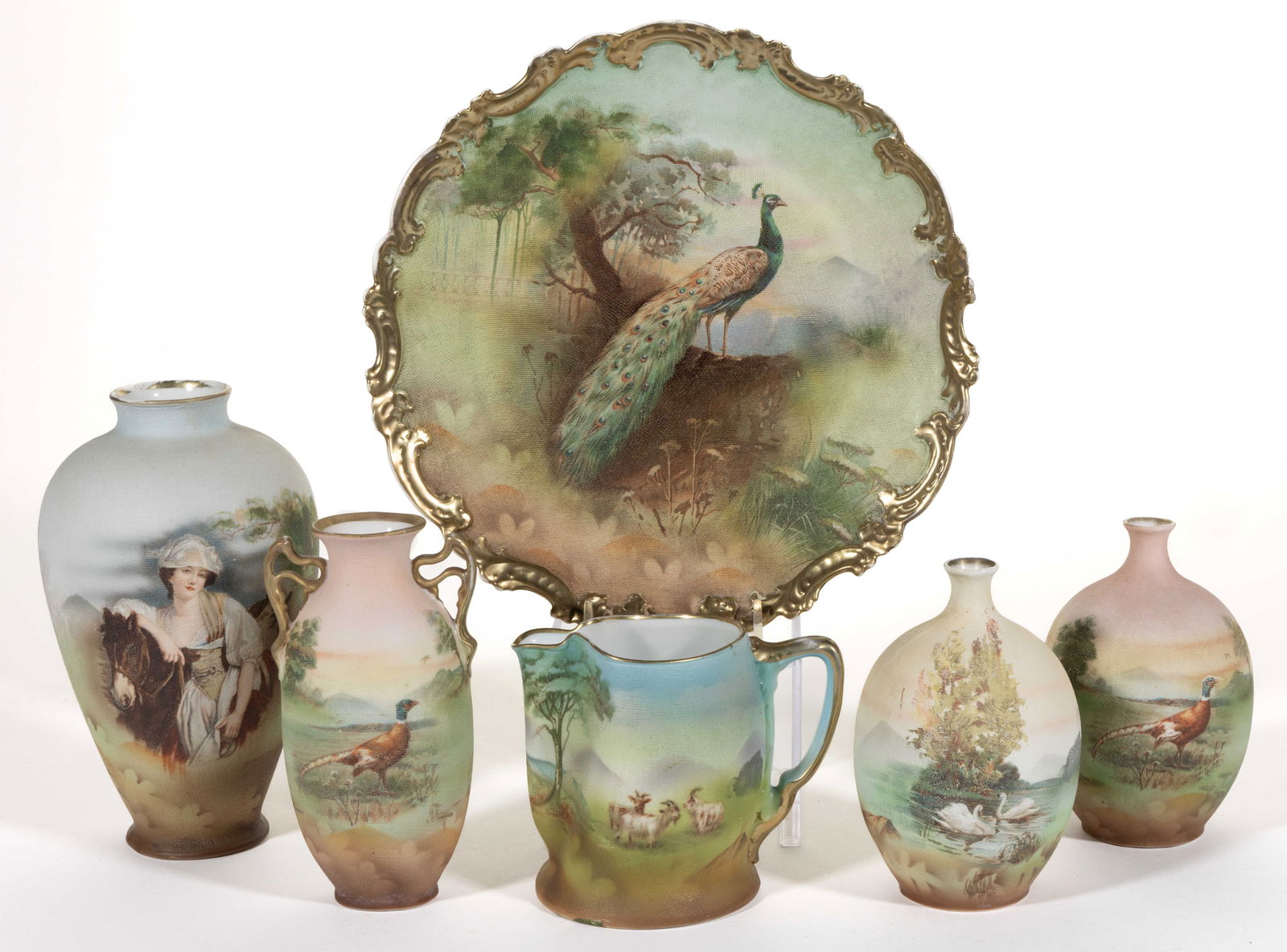 ROYAL BAYREUTH PORCELAIN TAPESTRY ANIMAL MOTIF ARTICLES, LOT OF FIVE: ROYAL BAYREUTH PORCELAIN TAPESTRY ANIMAL MOTIF ARTICLES, LOT OF FIVE, (updated 7/22/2025), each having polychrome transfer images on textured ground, comprising three vases including two with pheasant