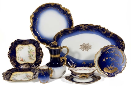 FRENCH LIMOGES PORCELAIN COBALT-DECORATED COFFEE AND TABLE ARTICLES, LOT OF EIGHT
