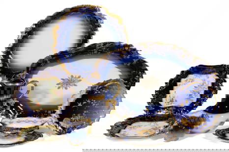 FRENCH LIMOGES PORCELAIN COBALT-DECORATED COFFEE AND TABLE ARTICLES, LOT OF EIGHT: FRENCH LIMOGES PORCELAIN COBALT-DECORATED COFFEE AND TABLE ARTICLES, LOT OF EIGHT, including an ovoid platter having gilt floral designs to border, a reticulated plate having gilt designs including tw