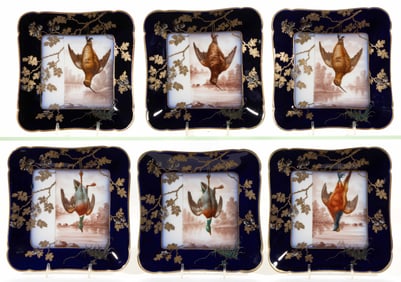 FRENCH LIMOGES PORCELAIN COBALT-DECORATED GAME BIRD MOTIF PLATES, SET OF SIX
