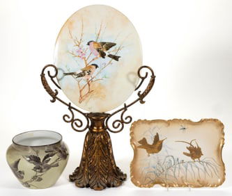 FRENCH LIMOGES PORCELAIN HAND-PAINTED BIRD MOTIF ARTICLES, LOT OF THREE