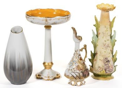 ASSORTED PORCELAIN HAND-PAINTED VASES AND OTHER ARTICLES, LOT OF FOUR