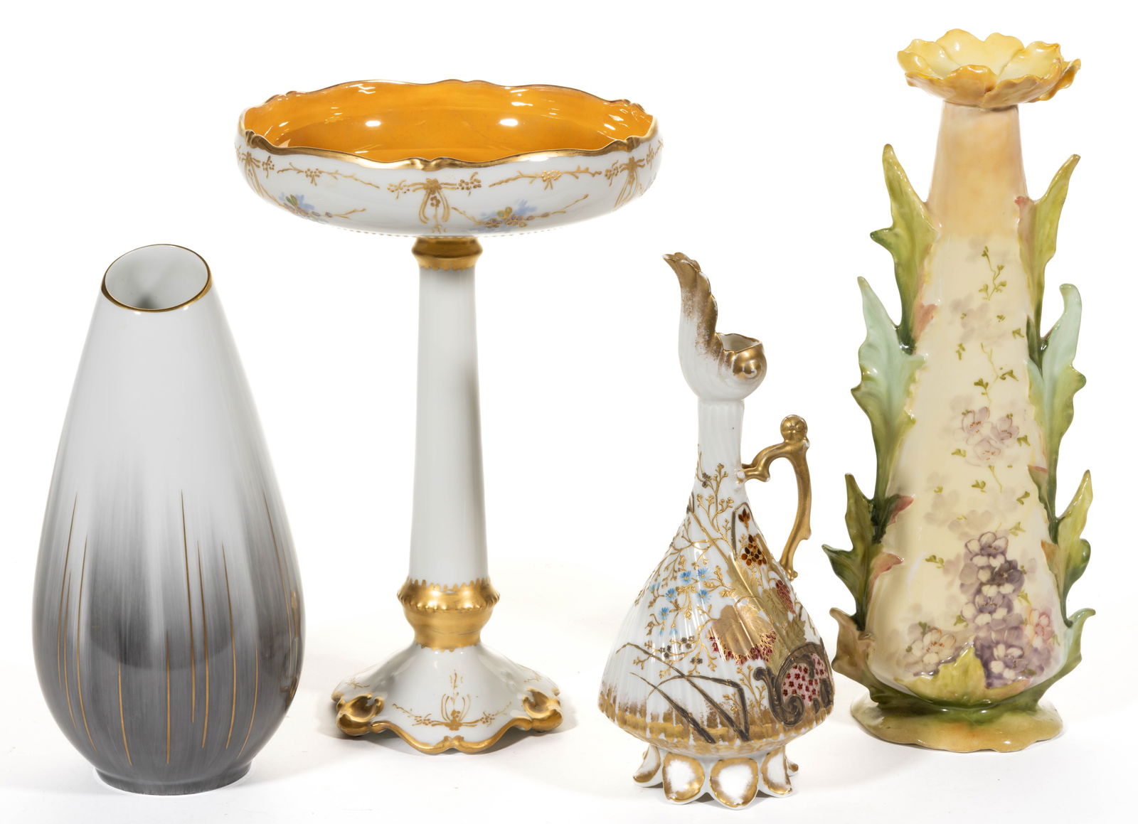 ASSORTED PORCELAIN HAND-PAINTED VASES AND OTHER ARTICLES, LOT OF FOUR: ASSORTED PORCELAIN HAND-PAINTED VASES AND OTHER ARTICLES, LOT OF FOUR, comprising a Rosenthal pear-form vase with grey brushed decorations and gilt stripes, a Carlsbad floriform vase with leaves to si