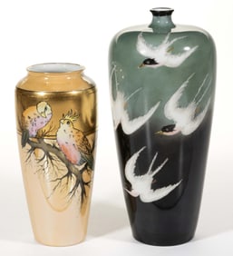 GERMAN ROSENTHAL PORCELAIN HAND-PAINTED BIRD MOTIF VASES, LOT OF TWO