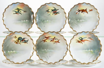 SIGNED FRENCH LIMOGES PORCELAIN BIRD MOTIF PLATES, SET OF 12