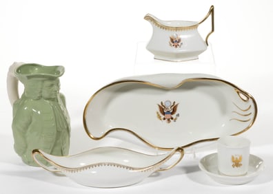 AMERICAN AND FRENCH CERAMIC AMERICAN MARKET DRINKING AND TABLE ARTICLES, LOT OF FIVE