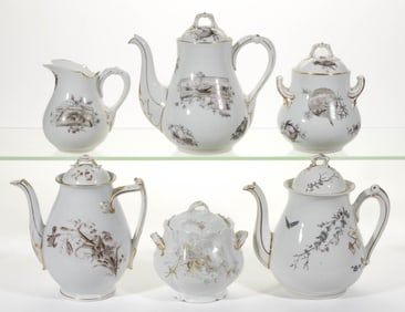 FRENCH LIMOGES PORCELAIN COFFEE SET AND OTHER ARTICLES, LOT OF SIX