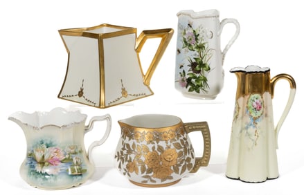FRENCH LIMOGES / R.S. PRUSSIA PORCELAIN FLORAL MOTIF JUGS / PITCHERS, LOT OF FIVE