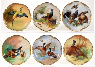 FRENCH LIMOGES PORCELAIN HAND-PAINTED GAME BIRD MOTIF PLAQUES, LOT OF SIX