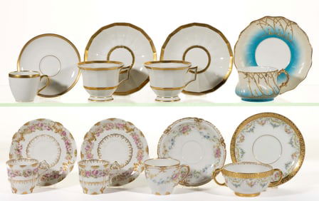 FRENCH LIMOGES PORCELAIN CUP AND SAUCER SETS, LOT OF EIGHT