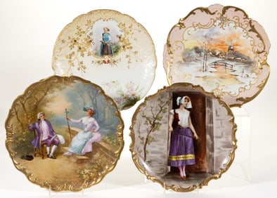 FRENCH LIMOGES PORCELAIN HAND-PAINTED SCENIC ARTICLES, LOT OF FOUR