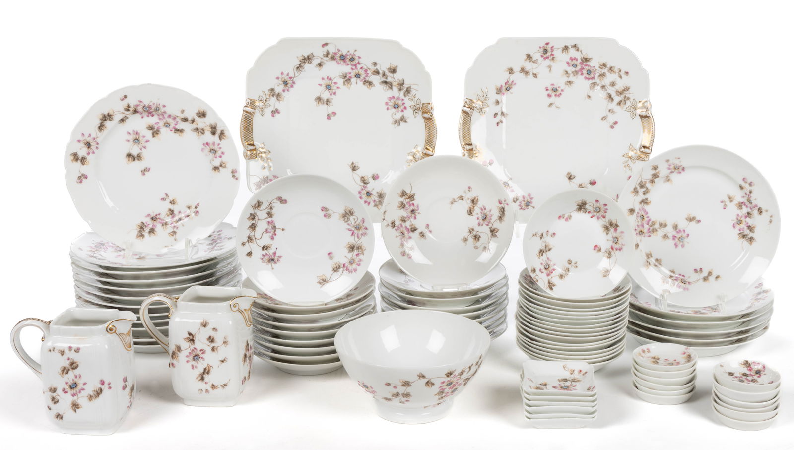 FRENCH HAVILAND LIMOGES PORCELAIN FLORAL MOTIF 76-PIECE PARTIAL SET: FRENCH HAVILAND LIMOGES PORCELAIN FLORAL MOTIF 76-PIECE PARTIAL SET, each featuring a non-uniform flower and bud transfer design with polychrome hand-painted accents, including two square cake plates,
