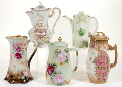 FRENCH LIMOGES AND OTHER PORCELAIN CHOCOLATE POTS, LOT OF FIVE