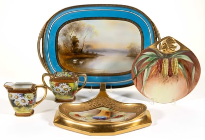 ASSORTED PORCELAIN HAND-PAINTED ARTICLES, LOT OF FIVE