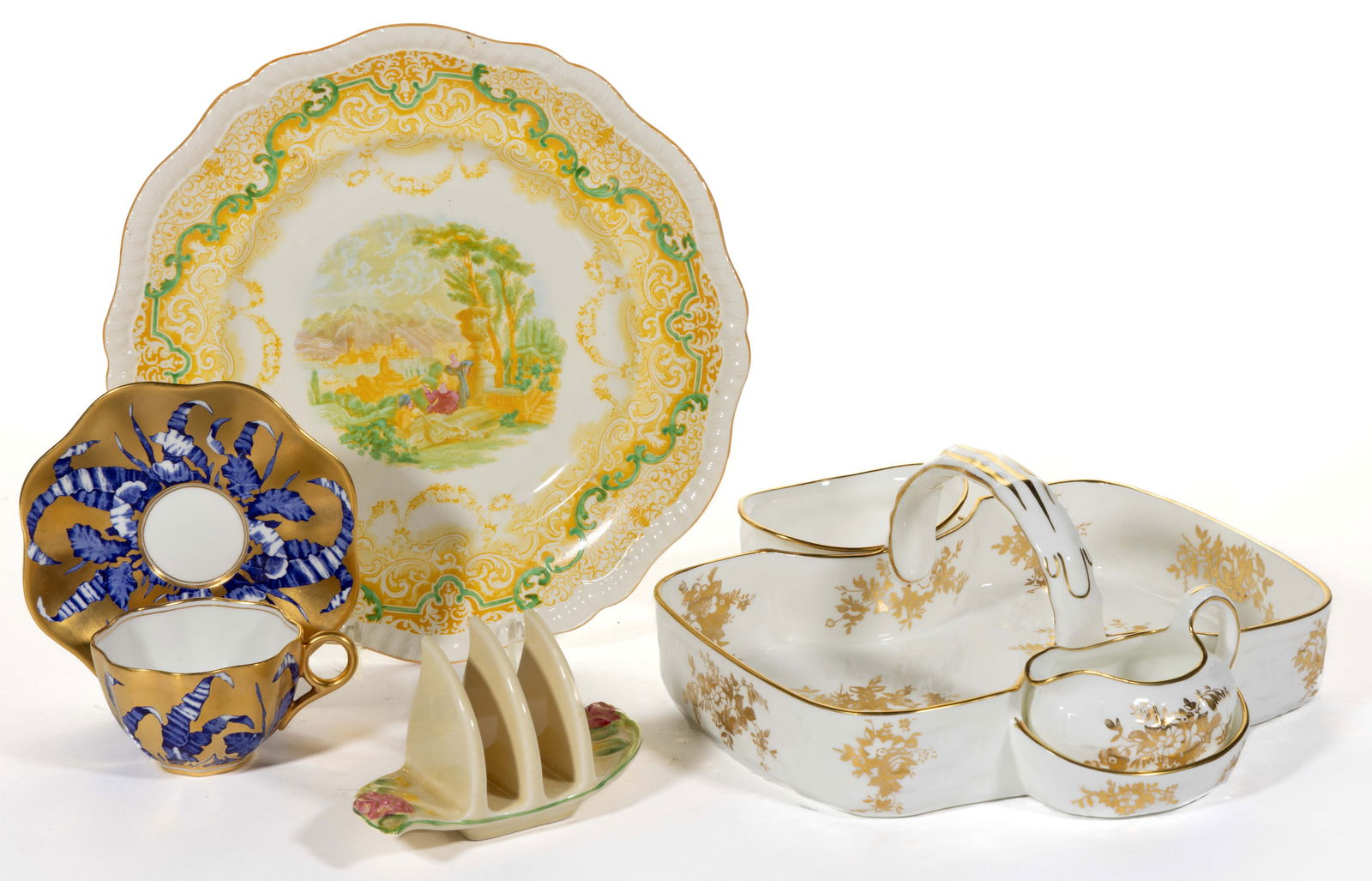 ENGLISH CERAMIC TEA AND TABLE ARTICLES, LOT OF FOUR: ENGLISH CERAMIC TEA AND TABLE ARTICLES, LOT OF FOUR, comprising a Hammersley & Co. for Tiffany & Co. berry basket server set with gilt floral transfer decoration and consisting of a basket, a creamer,